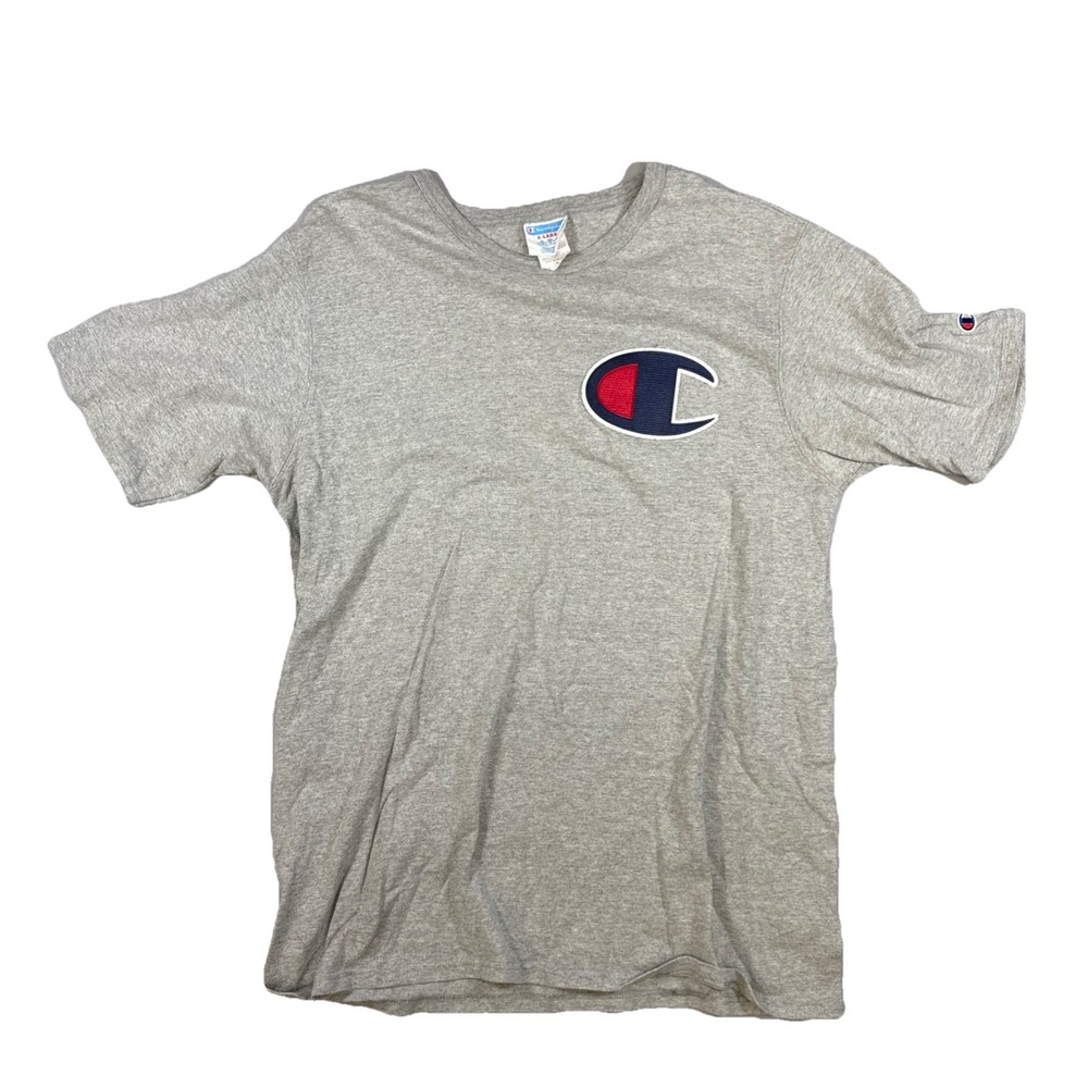 VTG Champion Logo T Shirt Gray Large Stitched Patch Logo Short Sleeve‎ Size XL